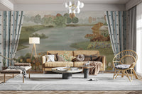 Timeless botanical lake scene wallpaper
