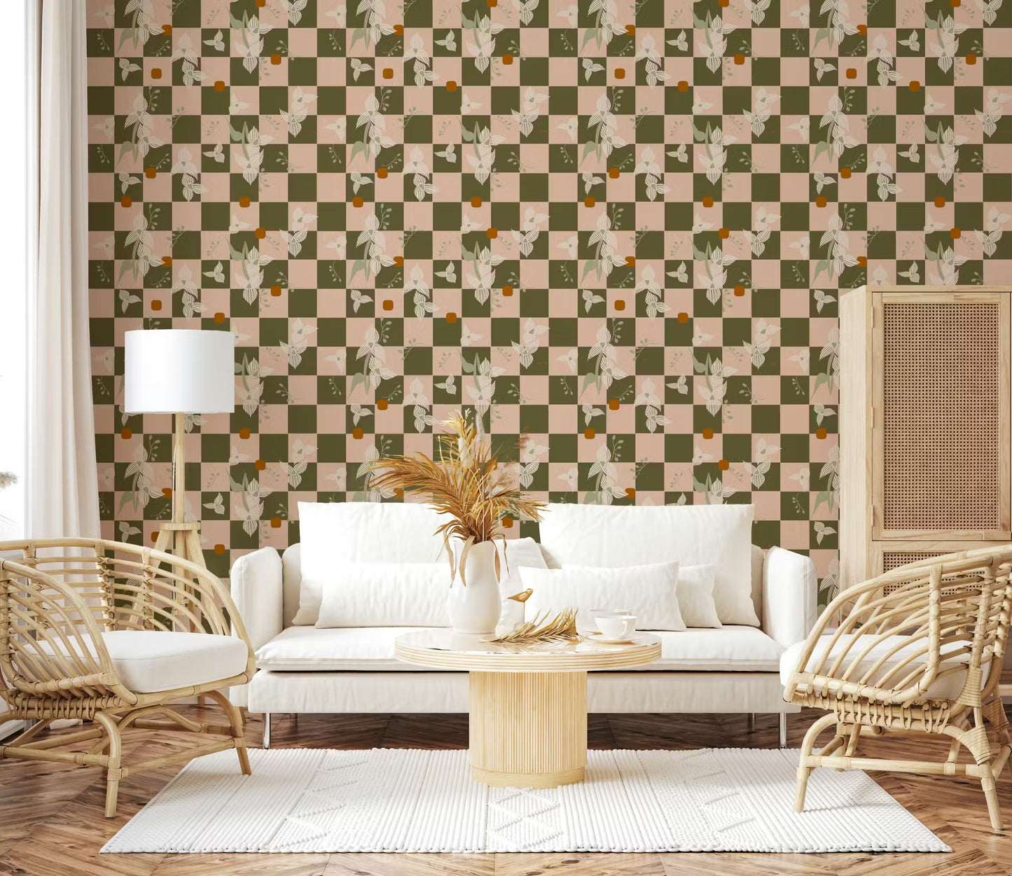 Olive Checker Floral Wallpaper Retro Boho Wallpaper⁠