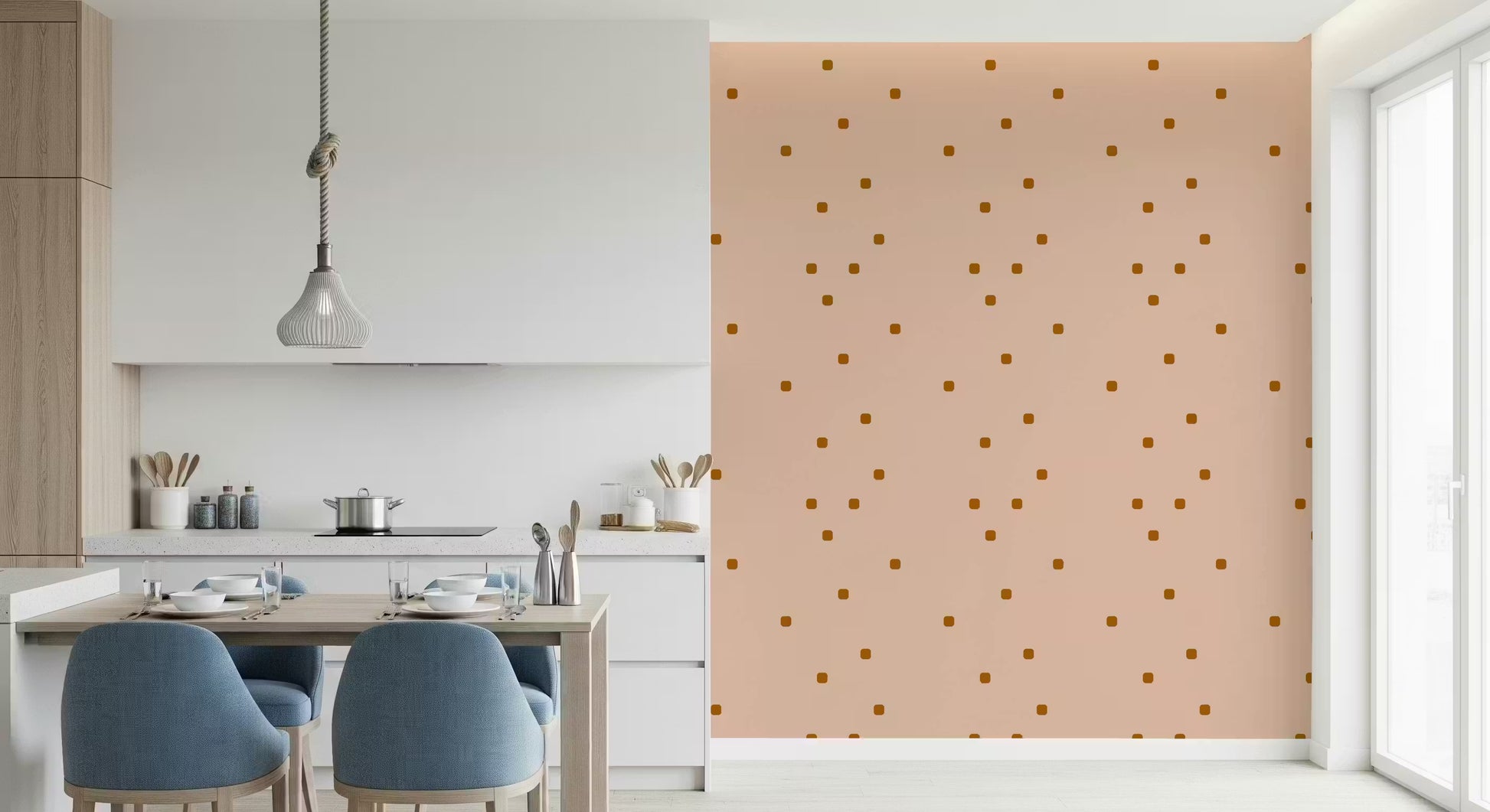 Pink-beige wallpaper background featuring small rounded square dots in dining area.