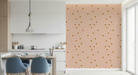 Pink-beige wallpaper background featuring small rounded square dots in dining area.
