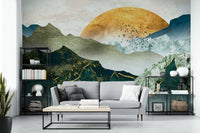 Green and gold sunset mountain mural


