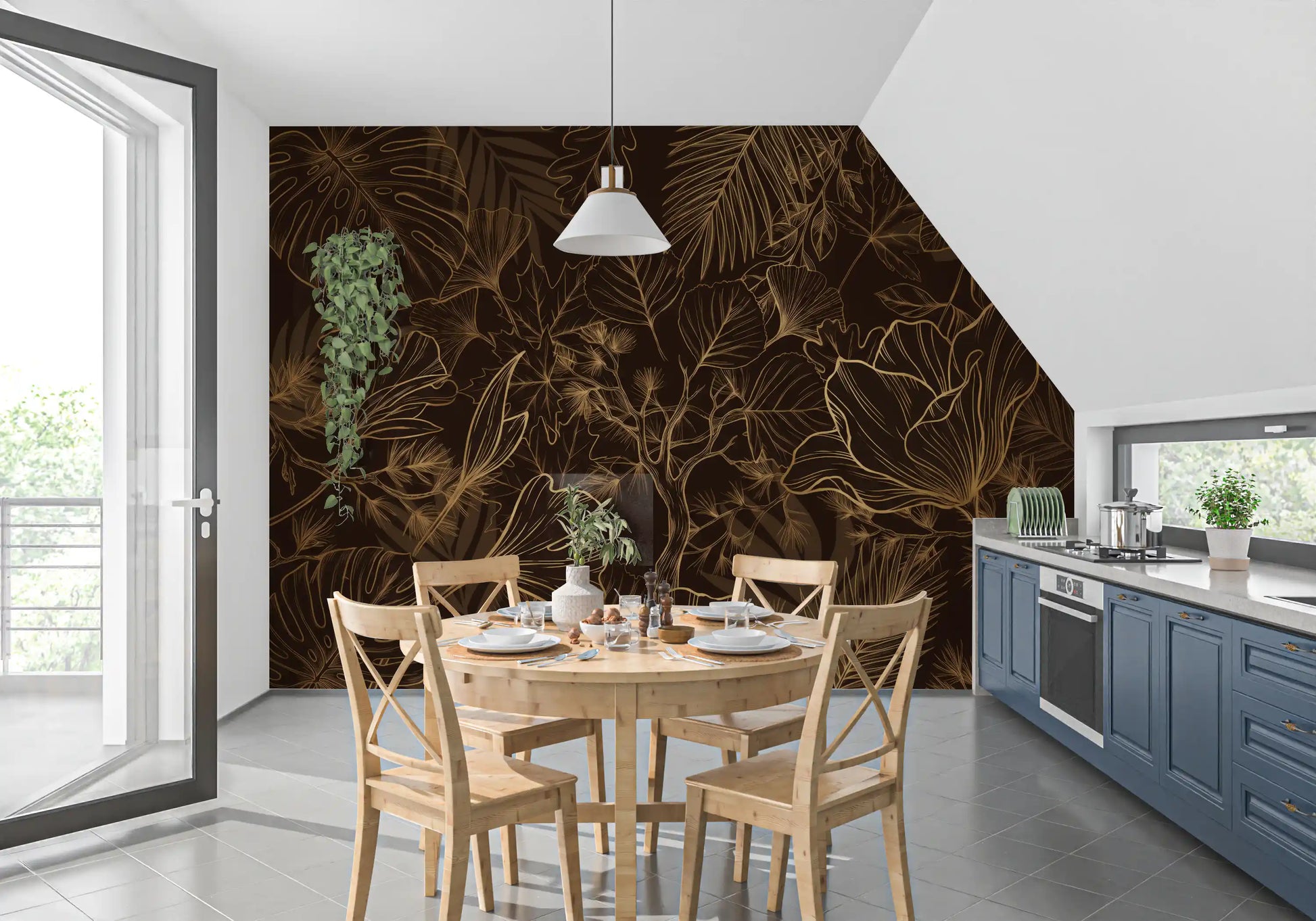 Golden Botanical Foliage Wall Mural