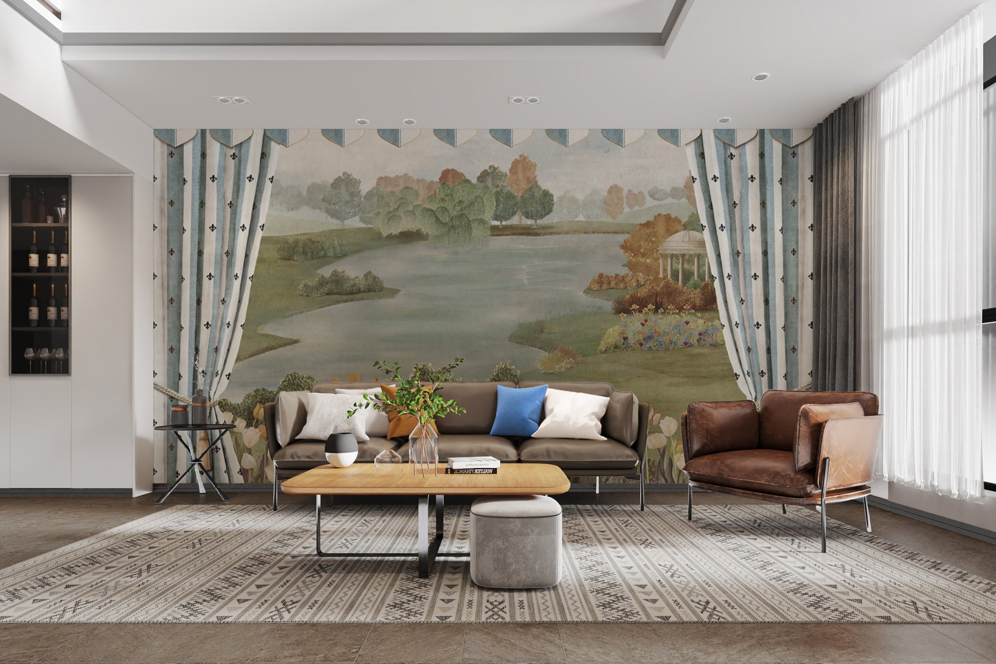 Serene garden wallpaper with lake view
