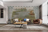 Serene garden wallpaper with lake view
