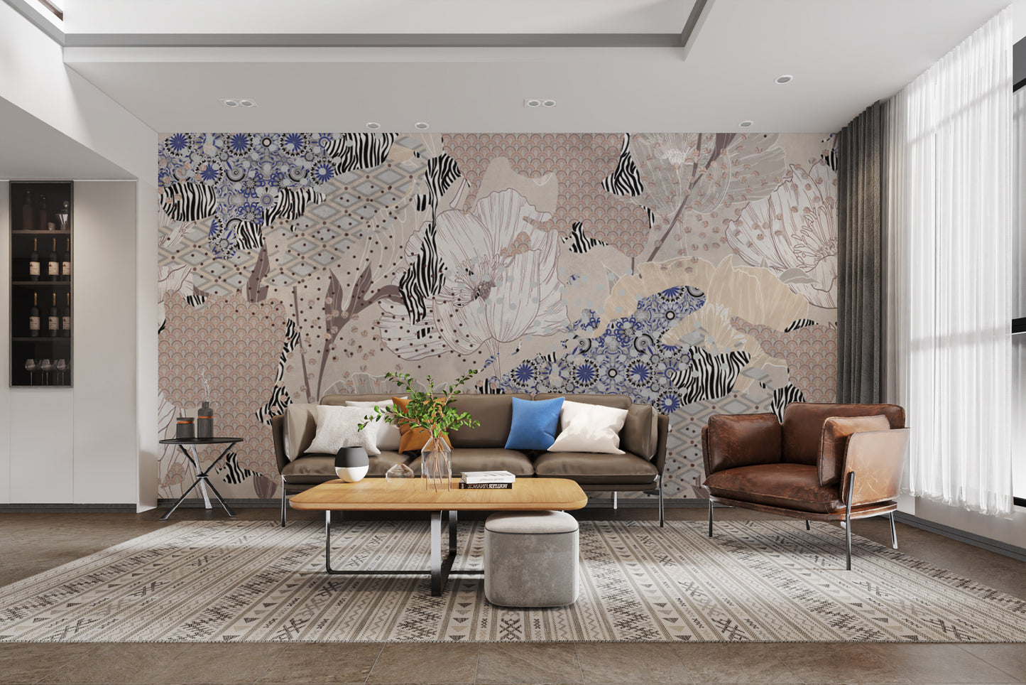 Layered floral wallpaper with geometric art
