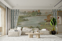 Vintage-inspired landscape wallpaper design
