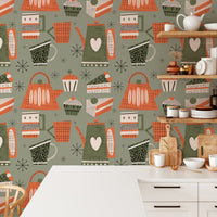 Fika retro coffee wallpaper in green hues
