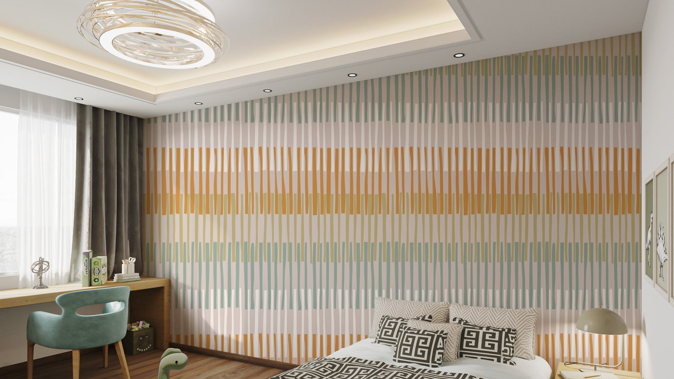 Minimalist Earthy Stripes with Geometric Pattern Mural
