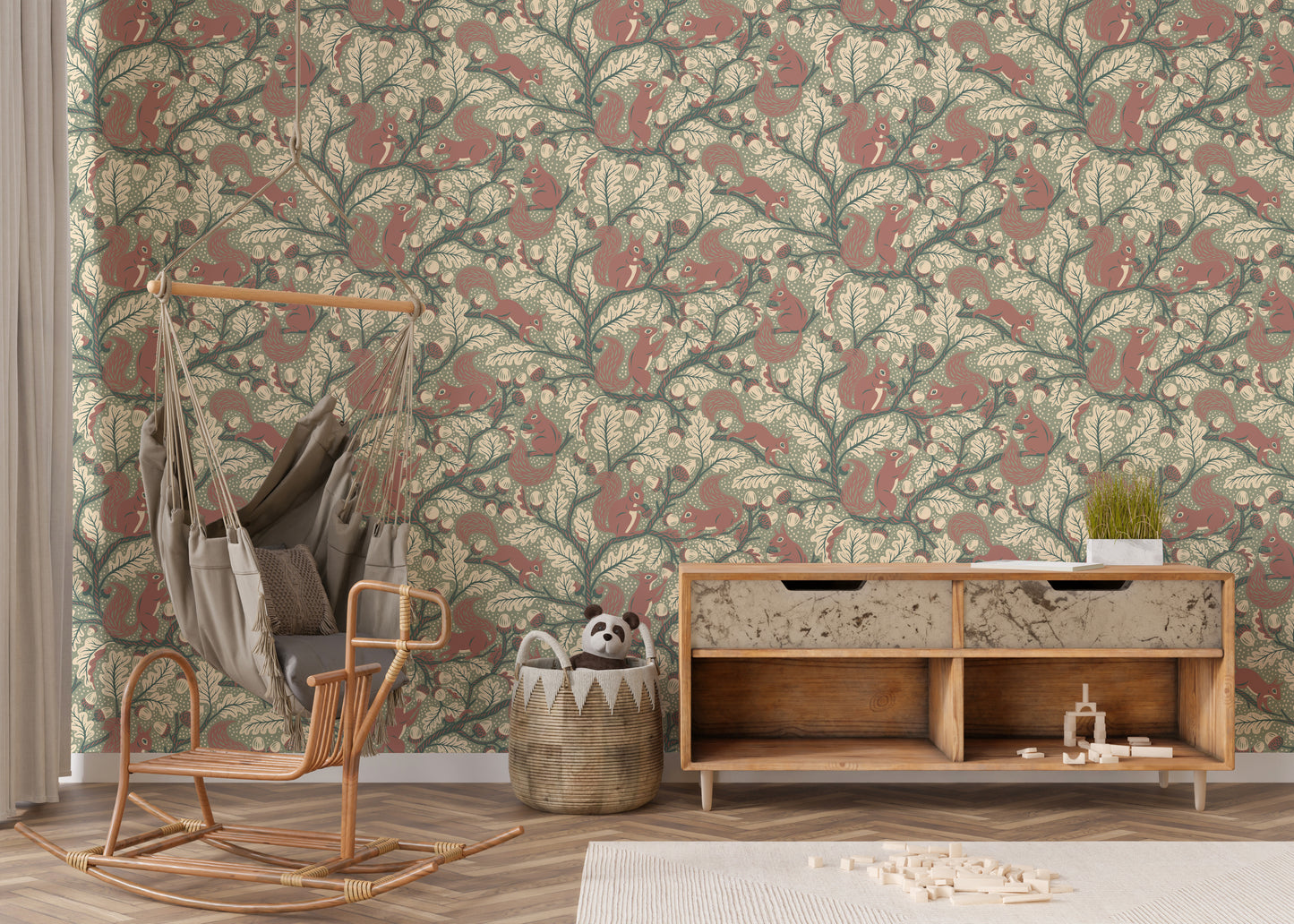 Squirrels in Oak tree - Green Wallpaper⁠