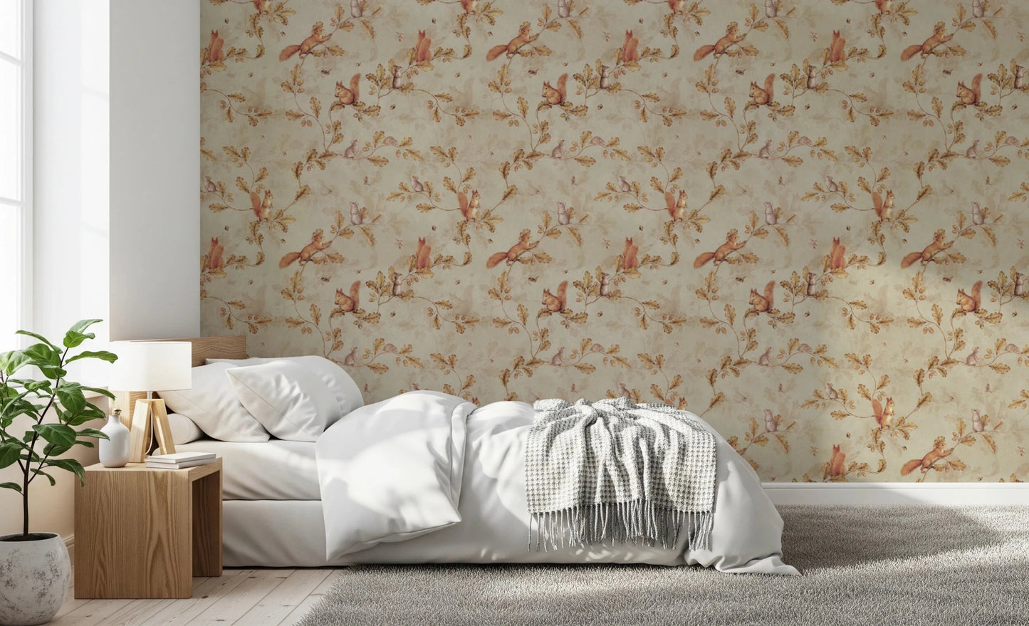 Soft bedroom with Rococo Forest Chinoiserie beige Wallpaper and neutral styling