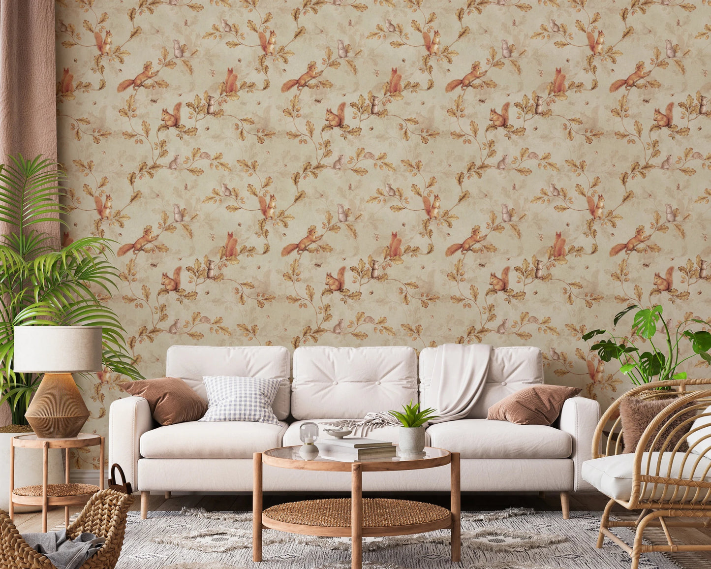 Living room with Rococo Forest Chinoiserie beige Wallpaper in a calm lounge setting