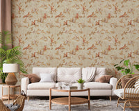 Living room with Rococo Forest Chinoiserie beige Wallpaper in a calm lounge setting