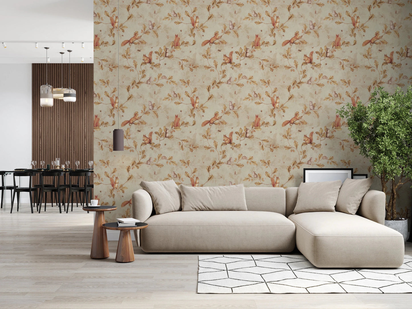 Open lounge with Rococo Forest Chinoiserie beige Wallpaper and a relaxed finish