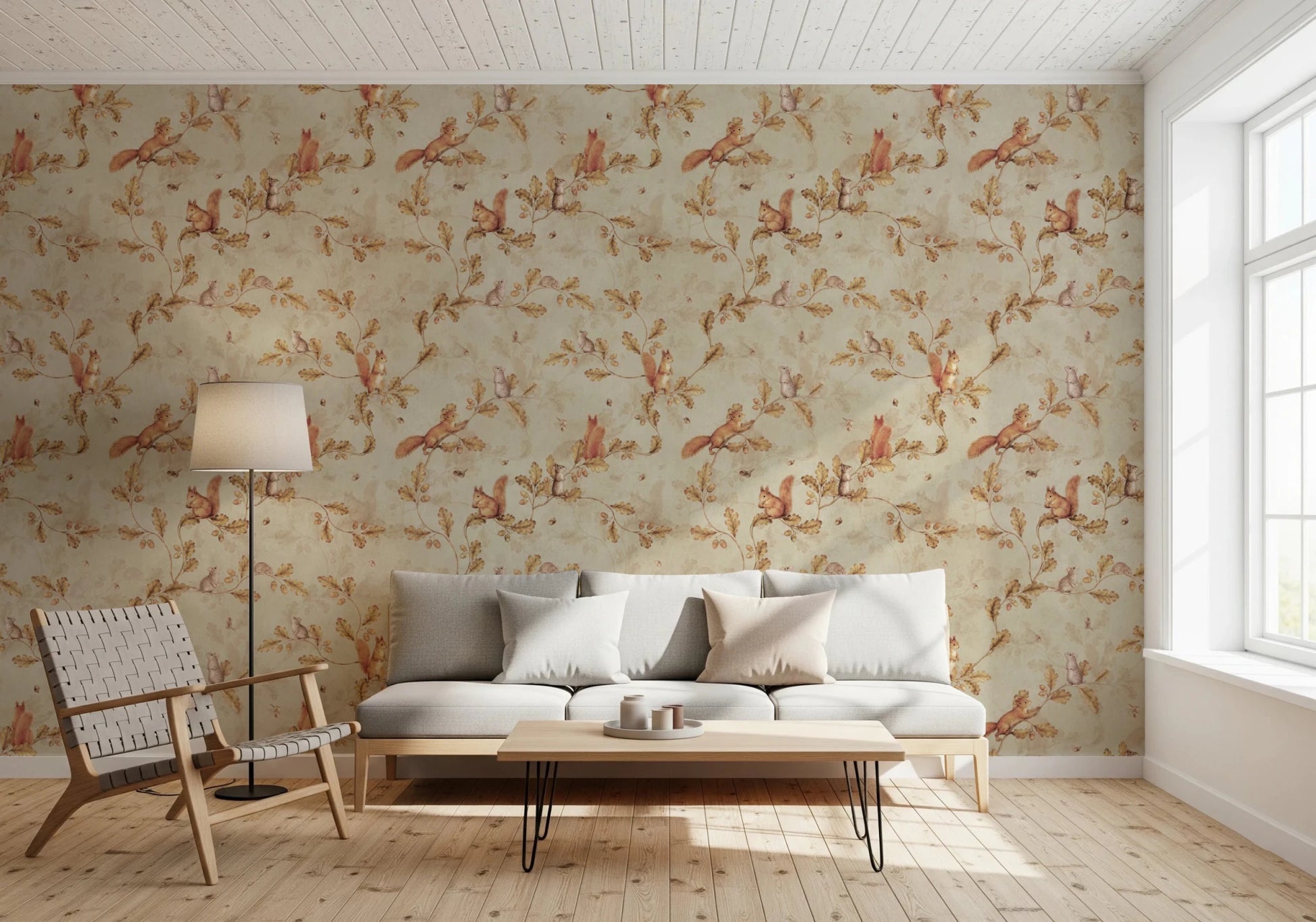 Cozy Living with Rococo Forest Chinoiserie beige Wallpaper in warm neutral tones