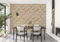 Bright dining nook with Rococo Forest Chinoiserie beige Wallpaper by the window
