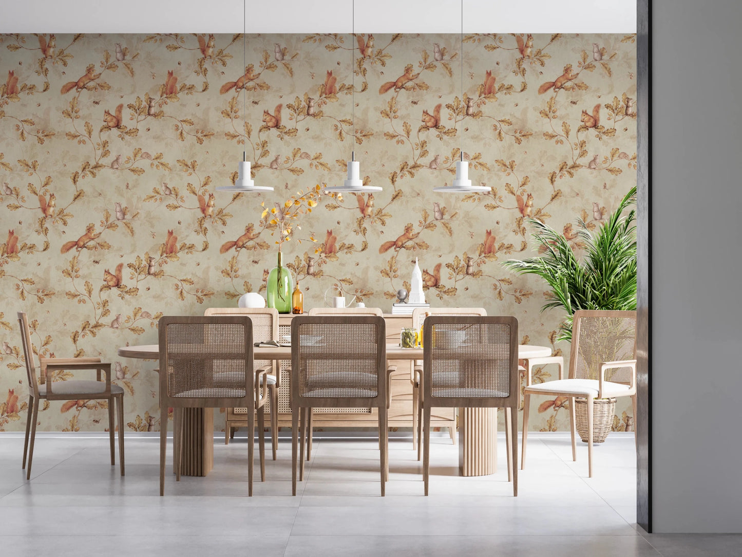 Dining area with Rococo Forest Chinoiserie beige Wallpaper and natural wood accents
