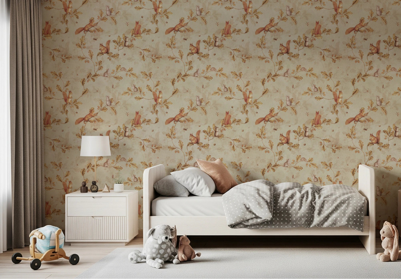 Kids bedroom with Rococo Forest Chinoiserie beige Wallpaper and soft woodland charm