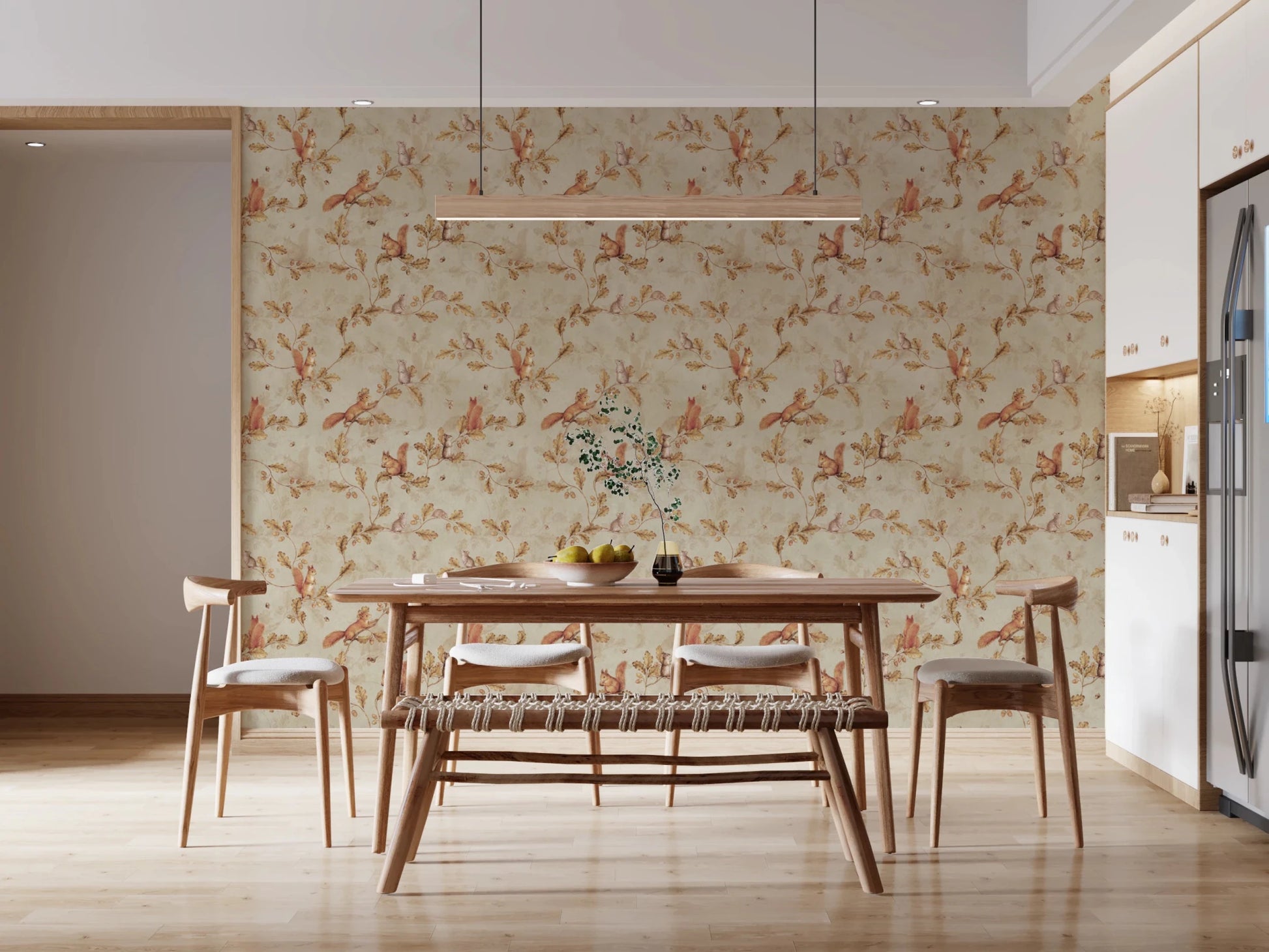Dining room with Rococo Forest Chinoiserie beige Wallpaper and a light airy feel