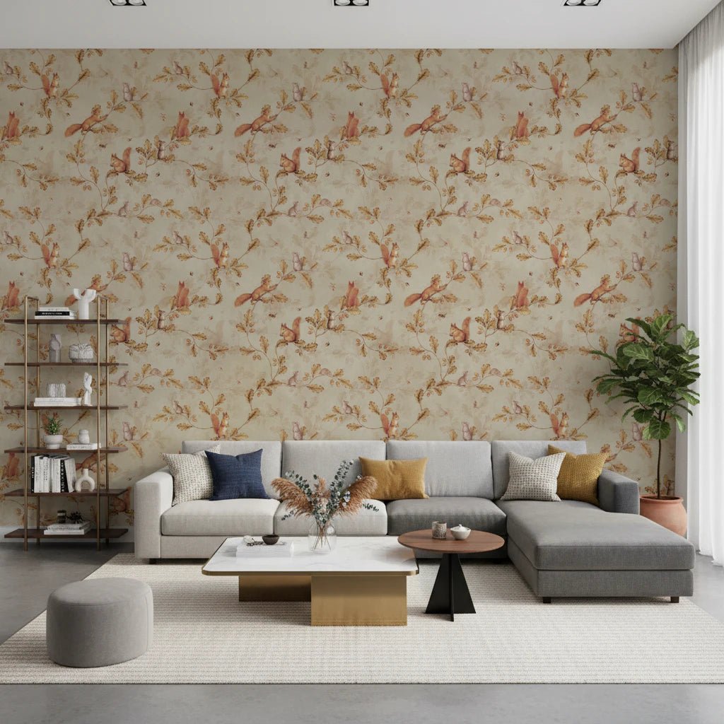 Modern living room with Rococo Forest Chinoiserie beige Wallpaper and low seating