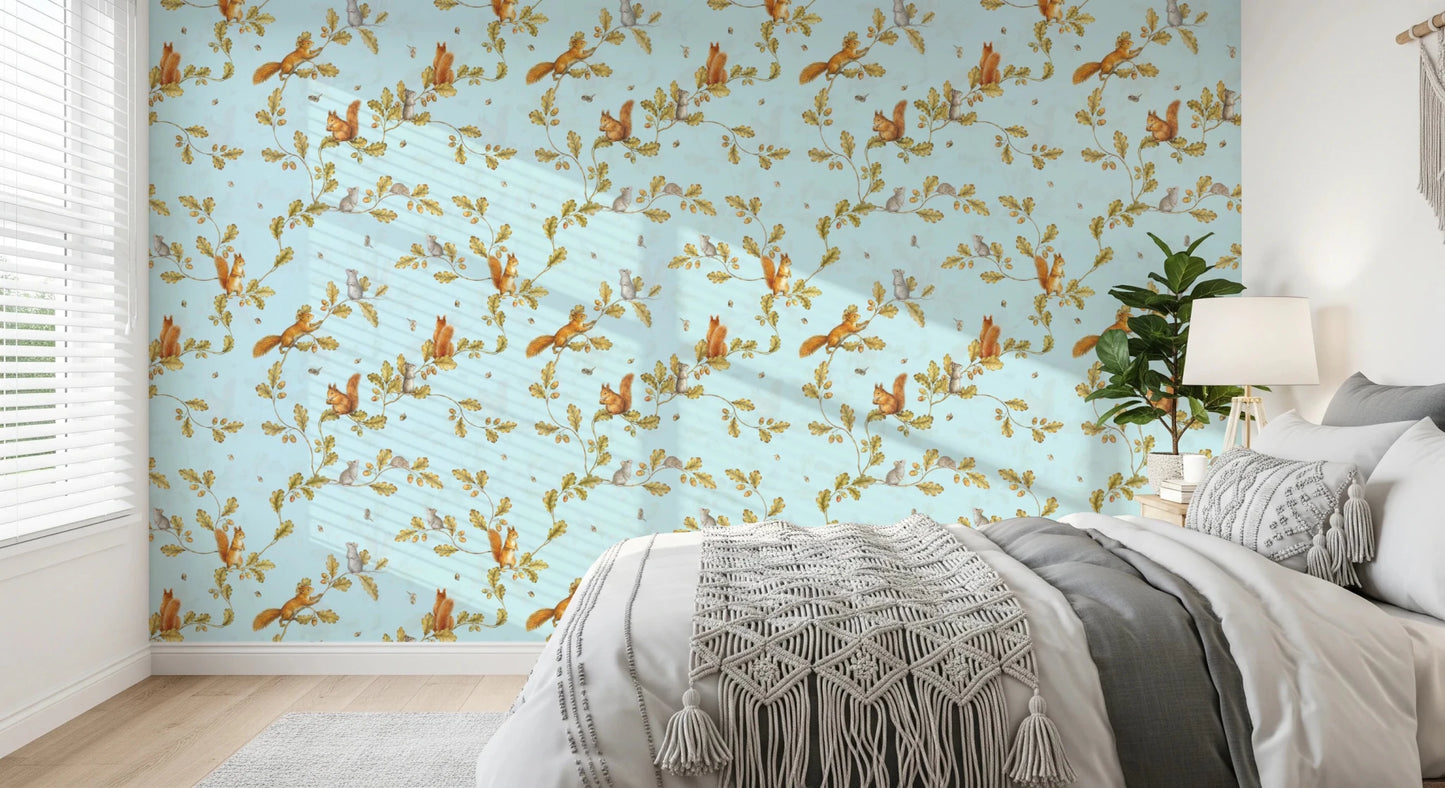 Bedroom with blue oak branch wallpaper and delicate squirrels and mice