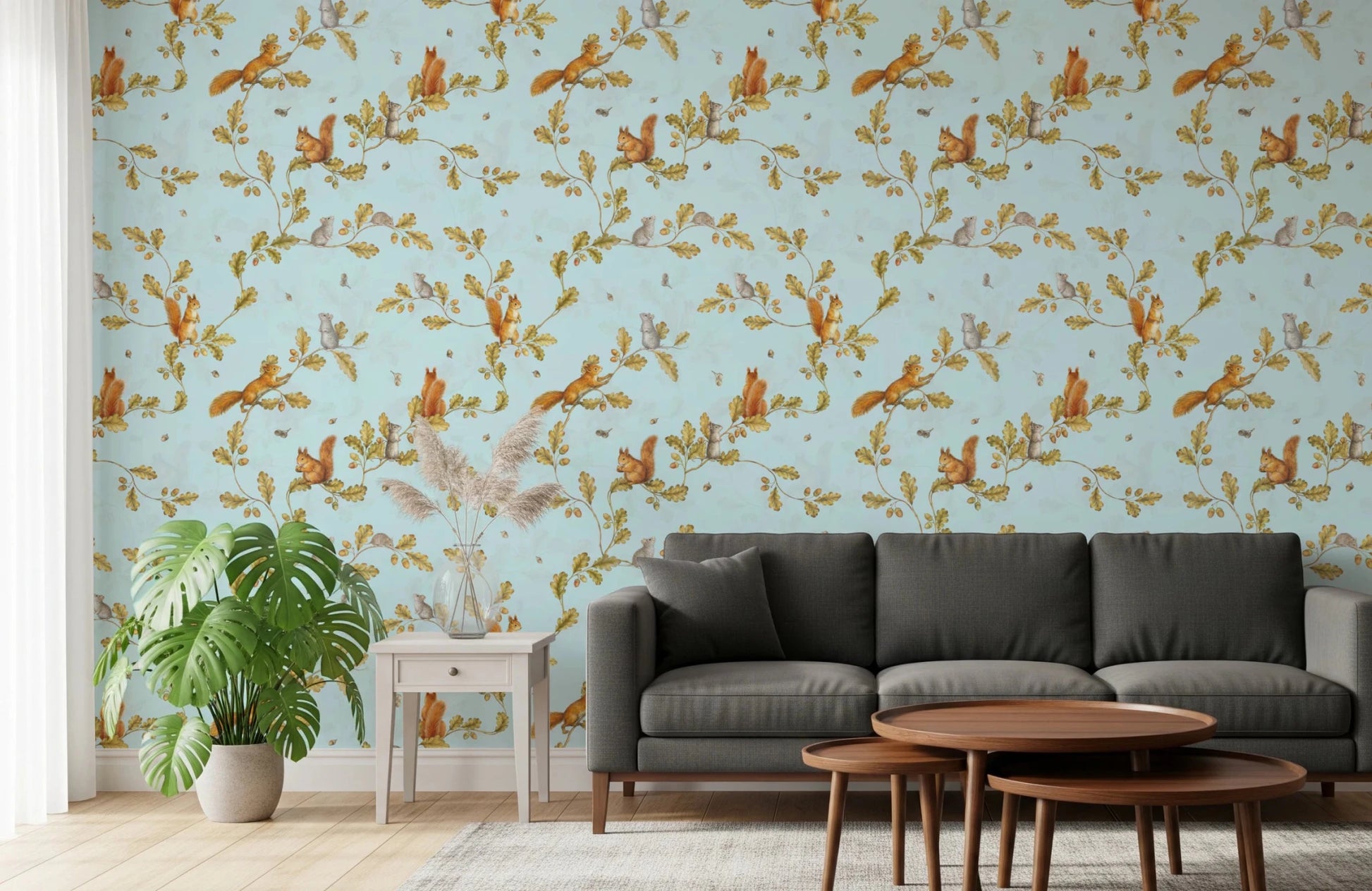 Dark lounge with blue rococo wallpaper and squirrels among oak branches