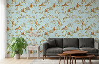 Dark lounge with blue rococo wallpaper and squirrels among oak branches