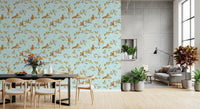 Kitchen nook with blue squirrel and mice wallpaper on elegant oak branches