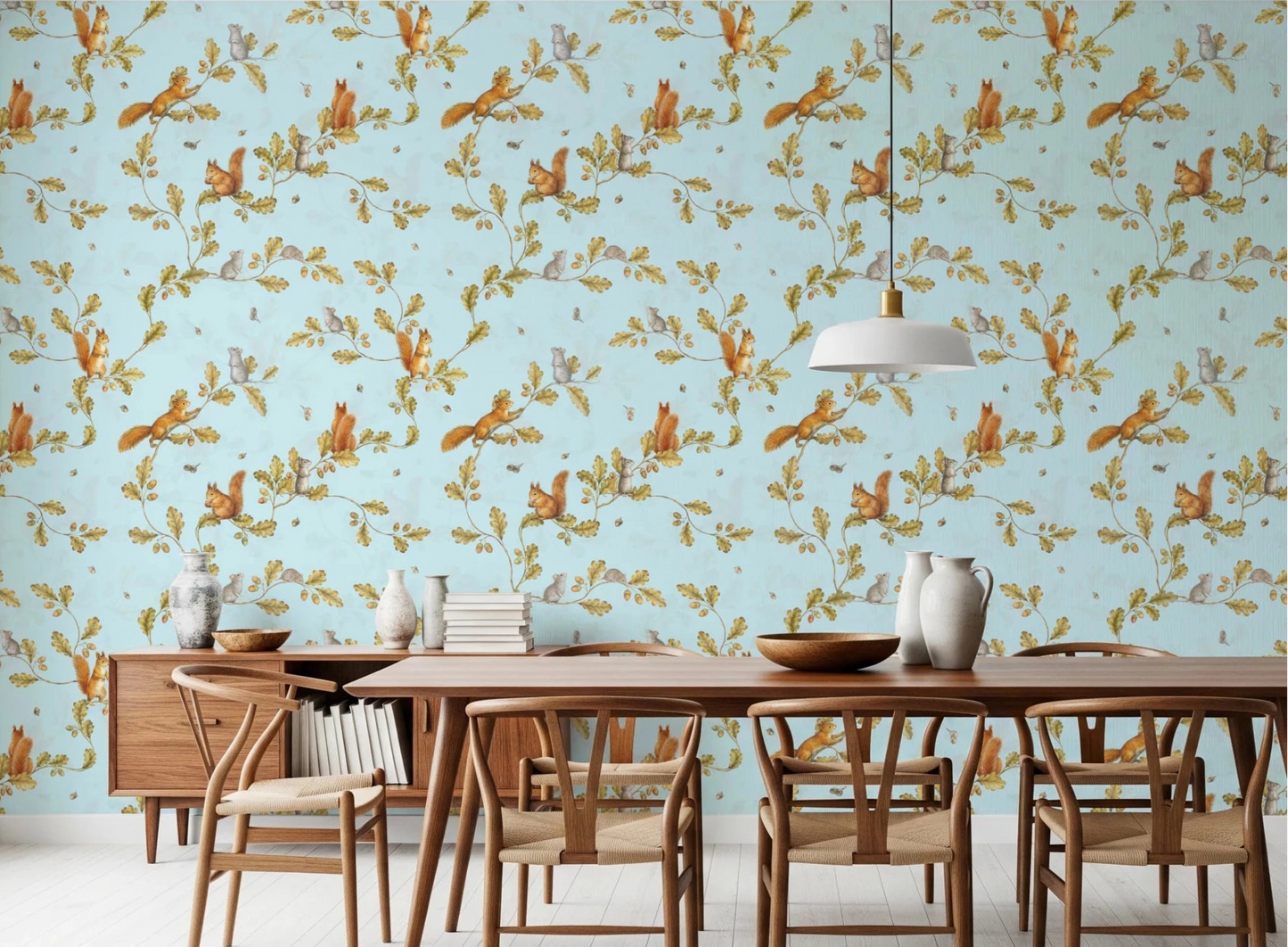 Dining room with blue rococo forest wallpaper and squirrels on oak branches