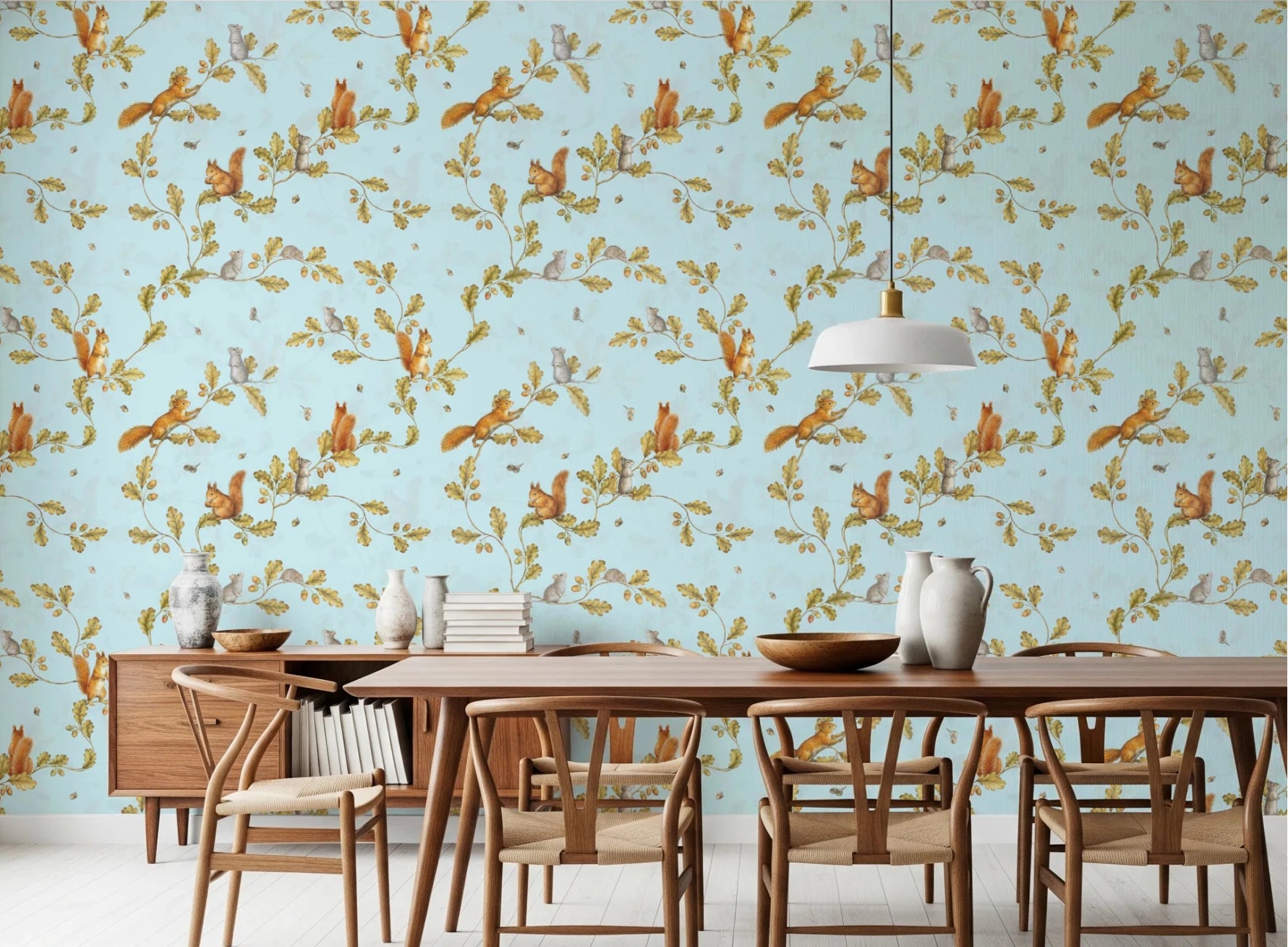 Dining room with blue rococo forest wallpaper and squirrels on oak branches