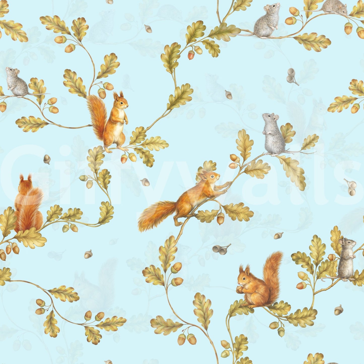 Close view of blue chinoiserie wallpaper with squirrels and mice on oak branches