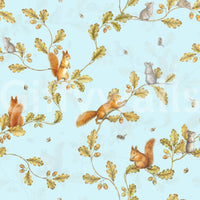 Close view of blue chinoiserie wallpaper with squirrels and mice on oak branches