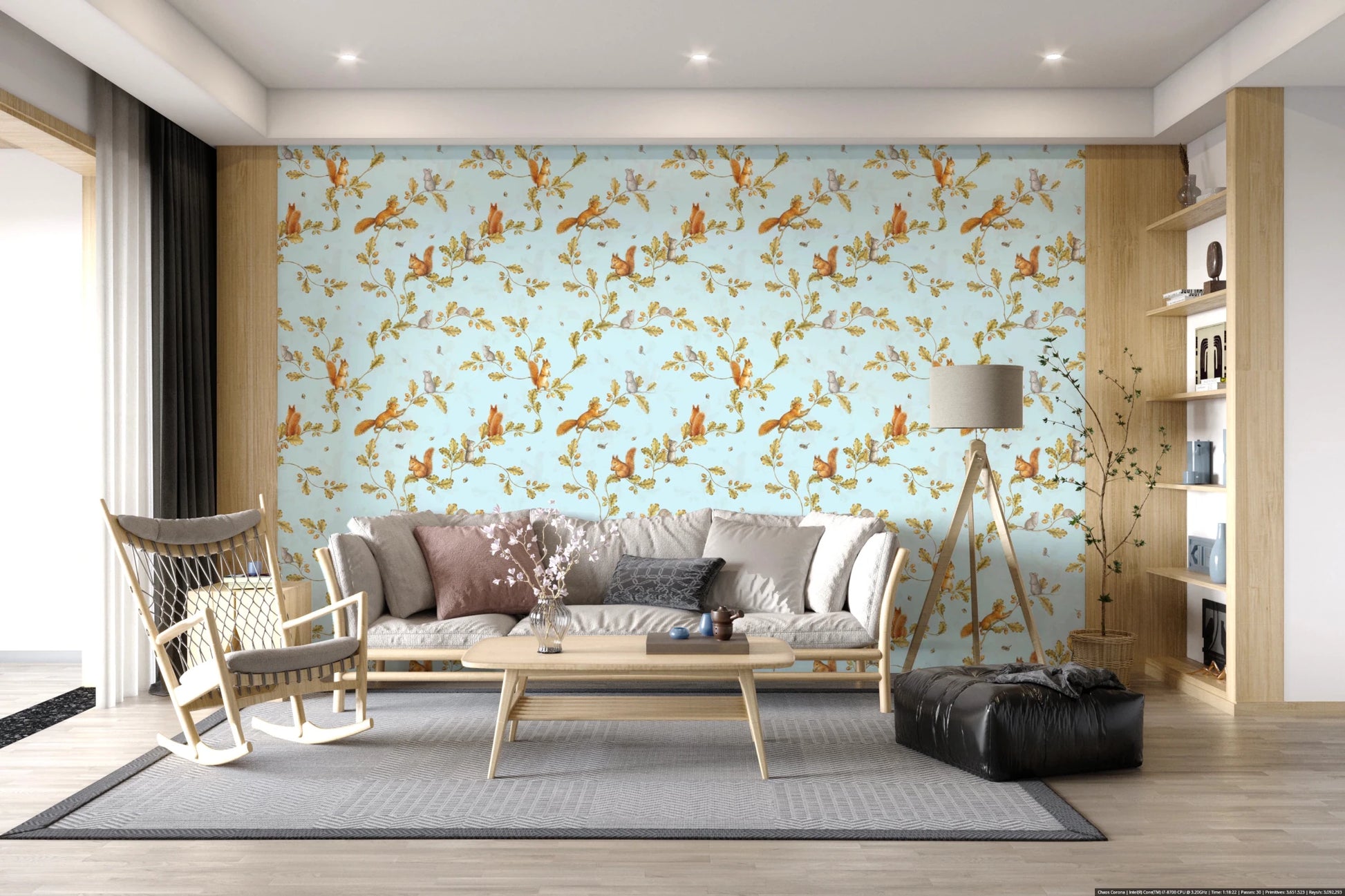 Lounge with blue rococo chinoiserie wallpaper and squirrels in a forest scene