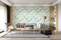Lounge with blue rococo chinoiserie wallpaper and squirrels in a forest scene