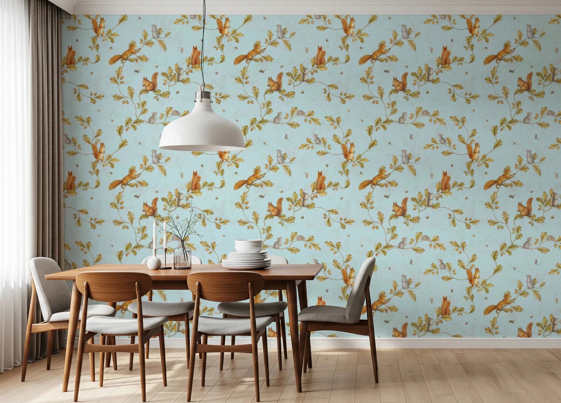 Dining area with blue oak branch wallpaper and rococo forest animal details