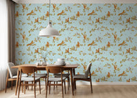 Dining area with blue oak branch wallpaper and rococo forest animal details