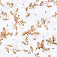 Off white chinoiserie wallpaper with squirrels, mice, acorns, and oak branch trails