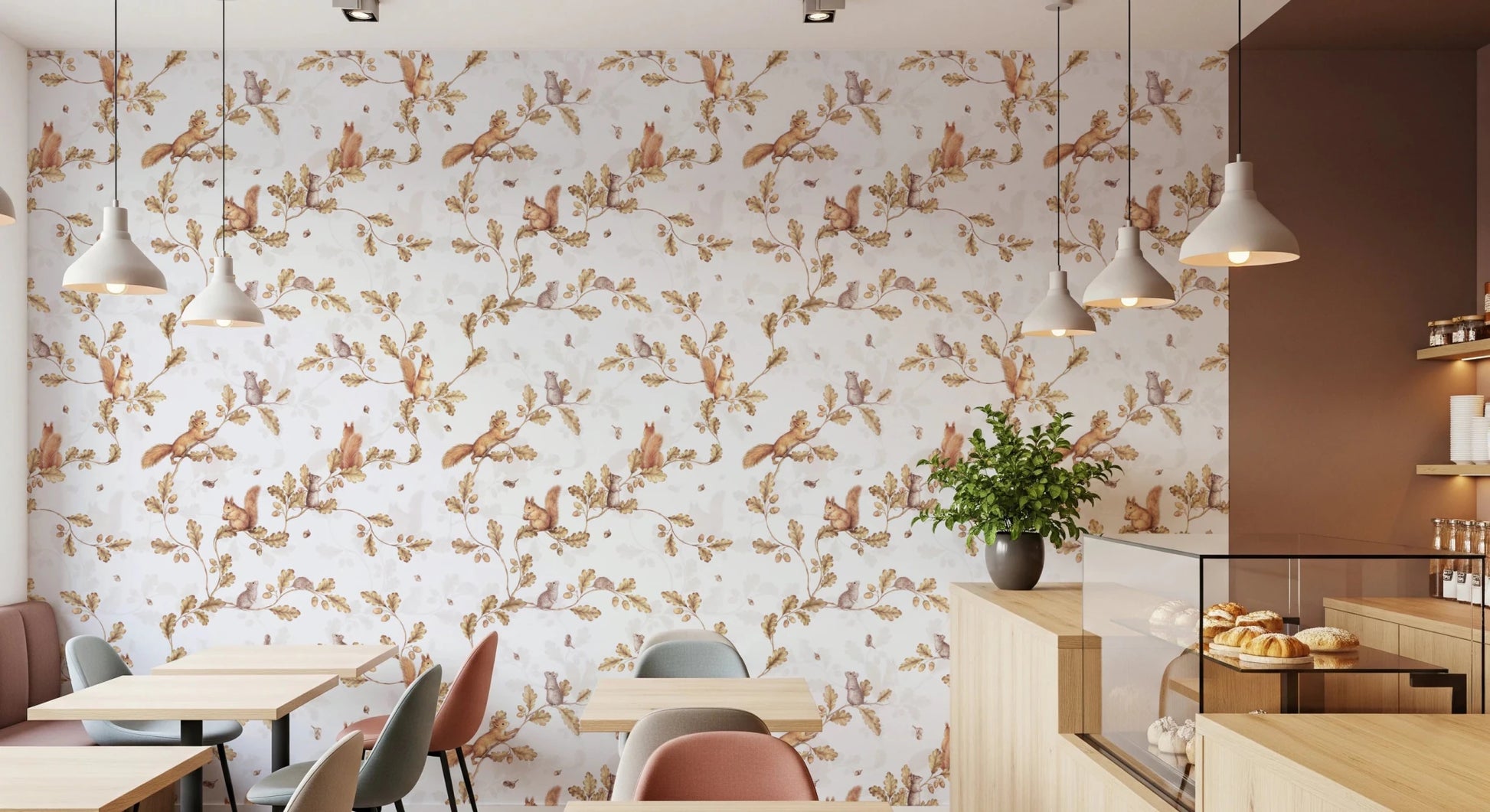 Café corner with off white forest chinoiserie wallpaper