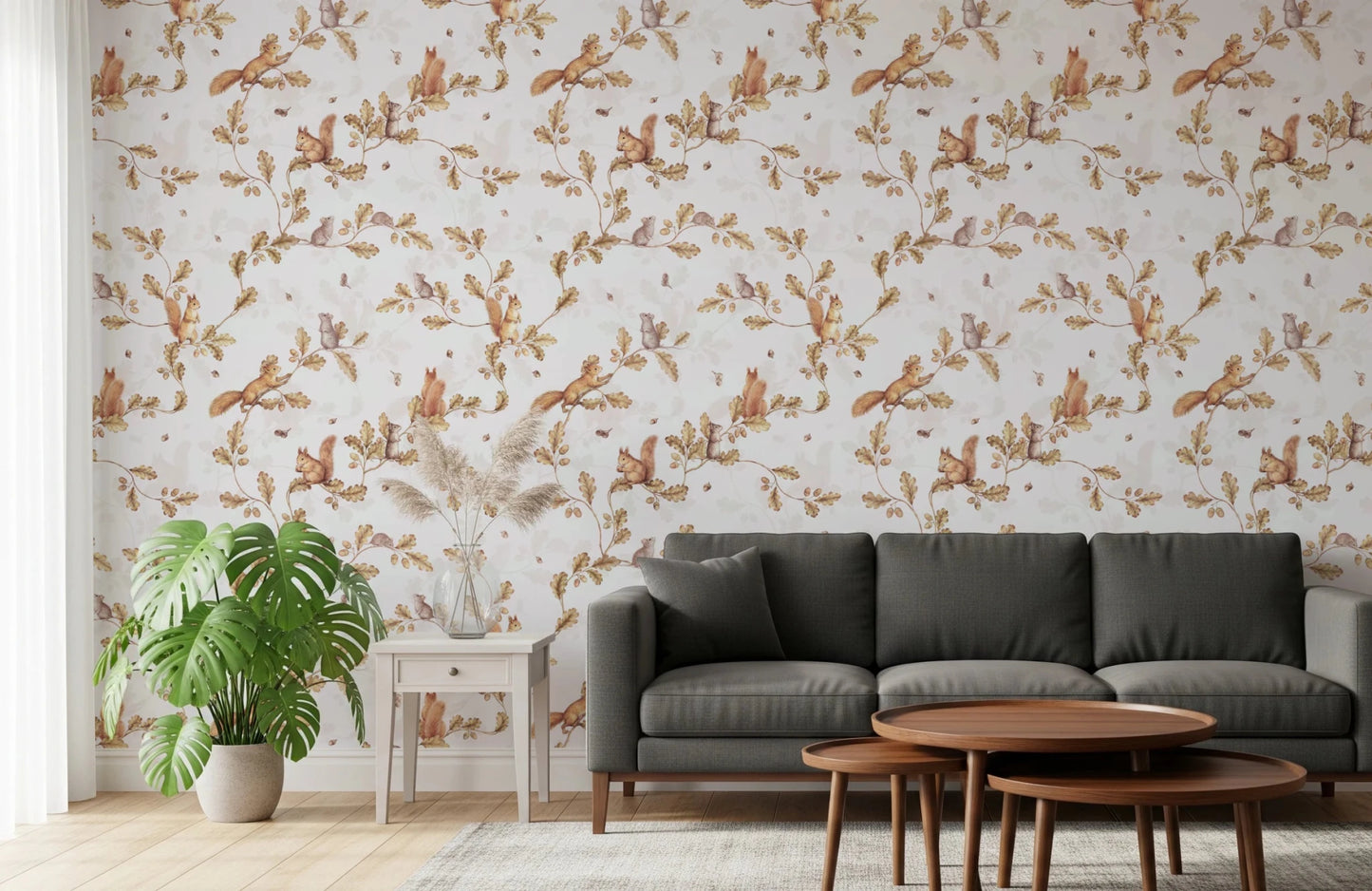 Moody room with off white squirrel oak branch wallpaper