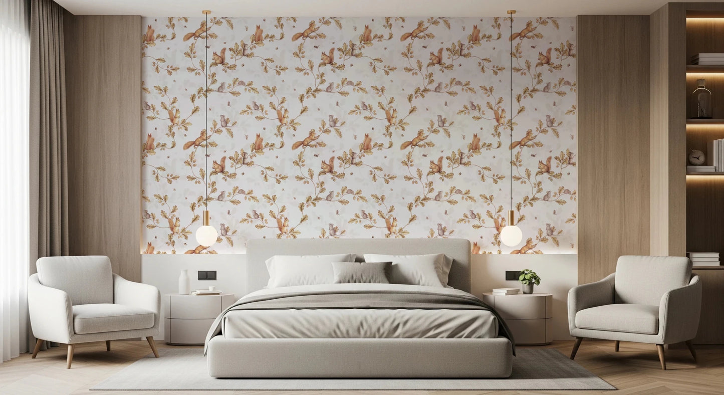 Neutral bedroom in off white rococo forest branch wallpaper