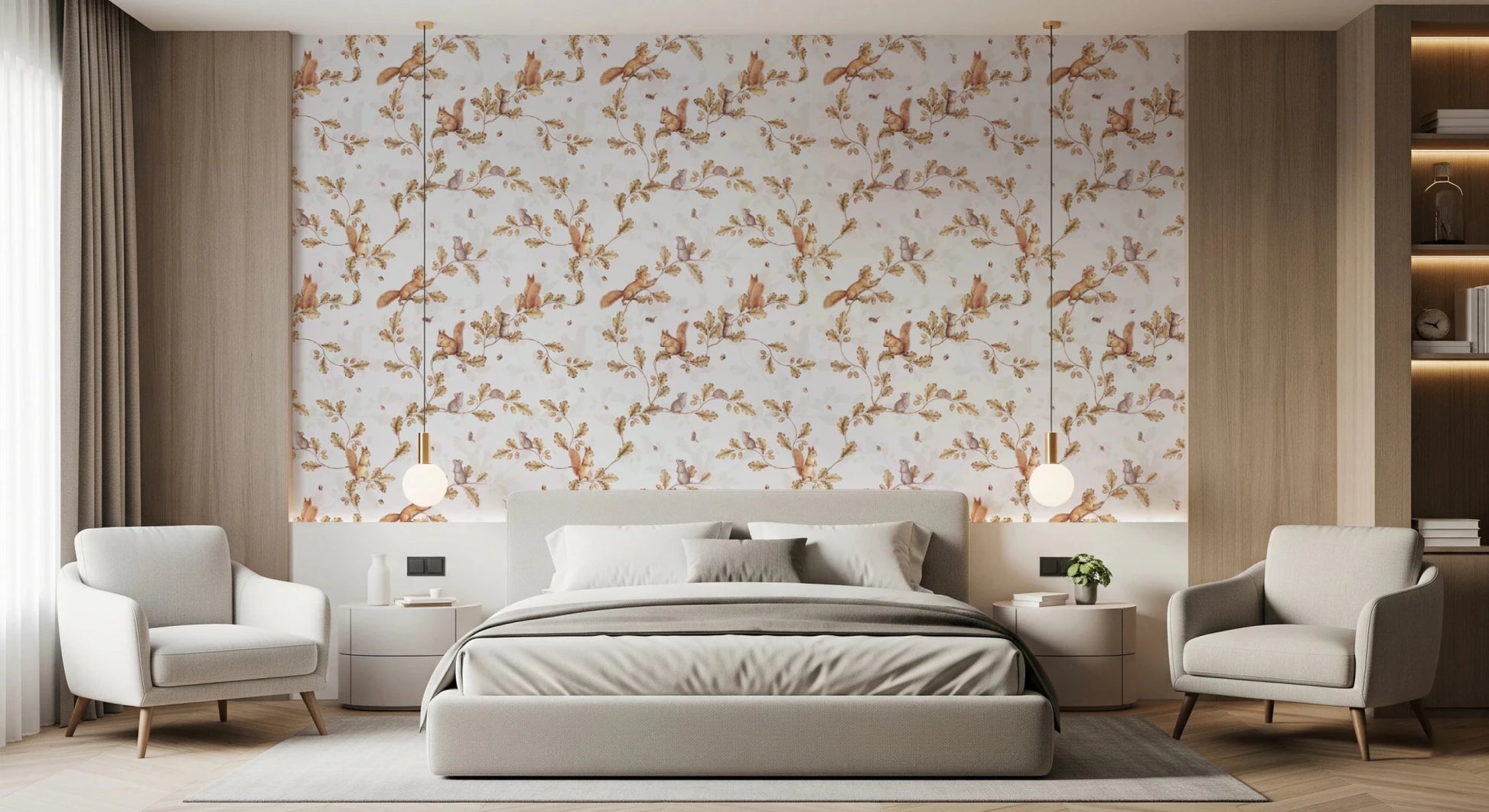 Neutral bedroom in off white rococo forest branch wallpaper
