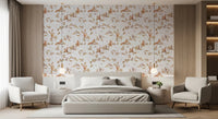 Neutral bedroom in off white rococo forest branch wallpaper