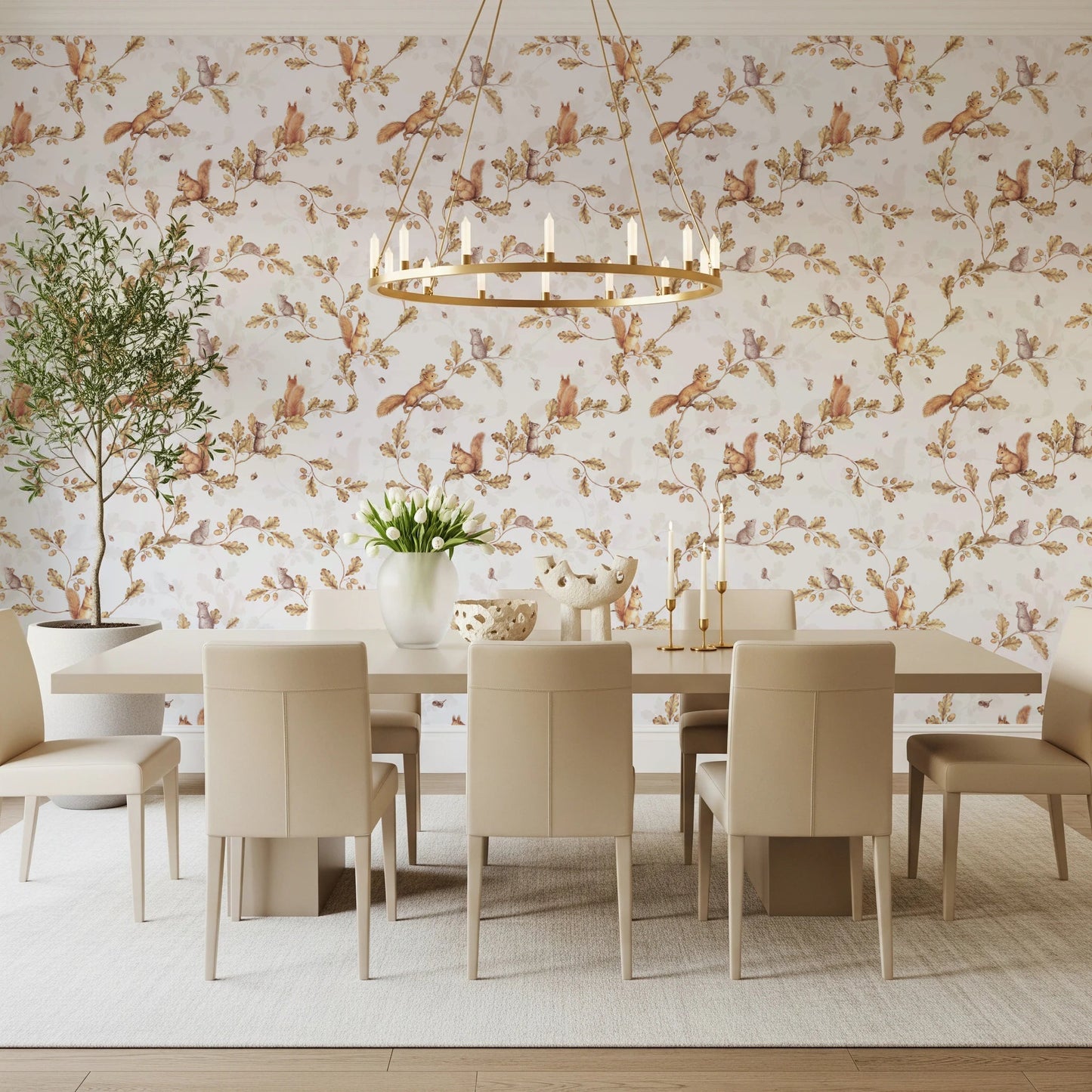 Dining area with off white rococo forest wallpaper