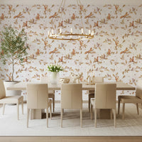 Dining area with off white rococo forest wallpaper