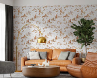 Lounge with off white rococo oak branch animal wallpaper