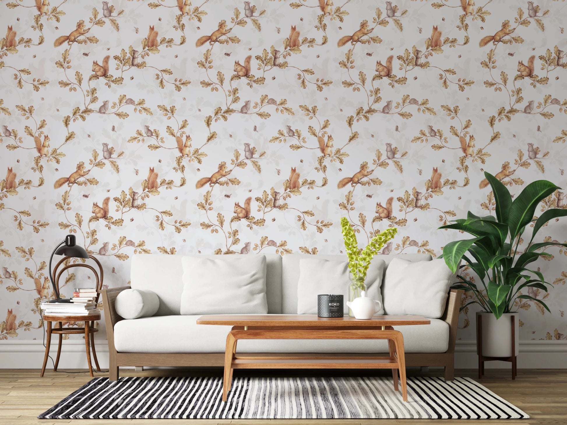 Entry space with off white oak branches and squirrel wallpaper