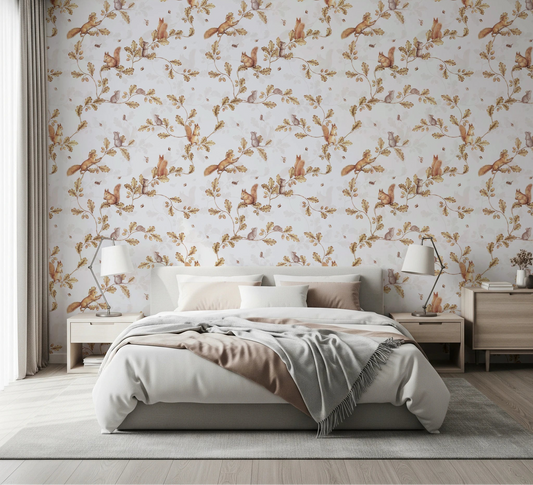 Soft bedroom with off white squirrel and mice branch wallpaper