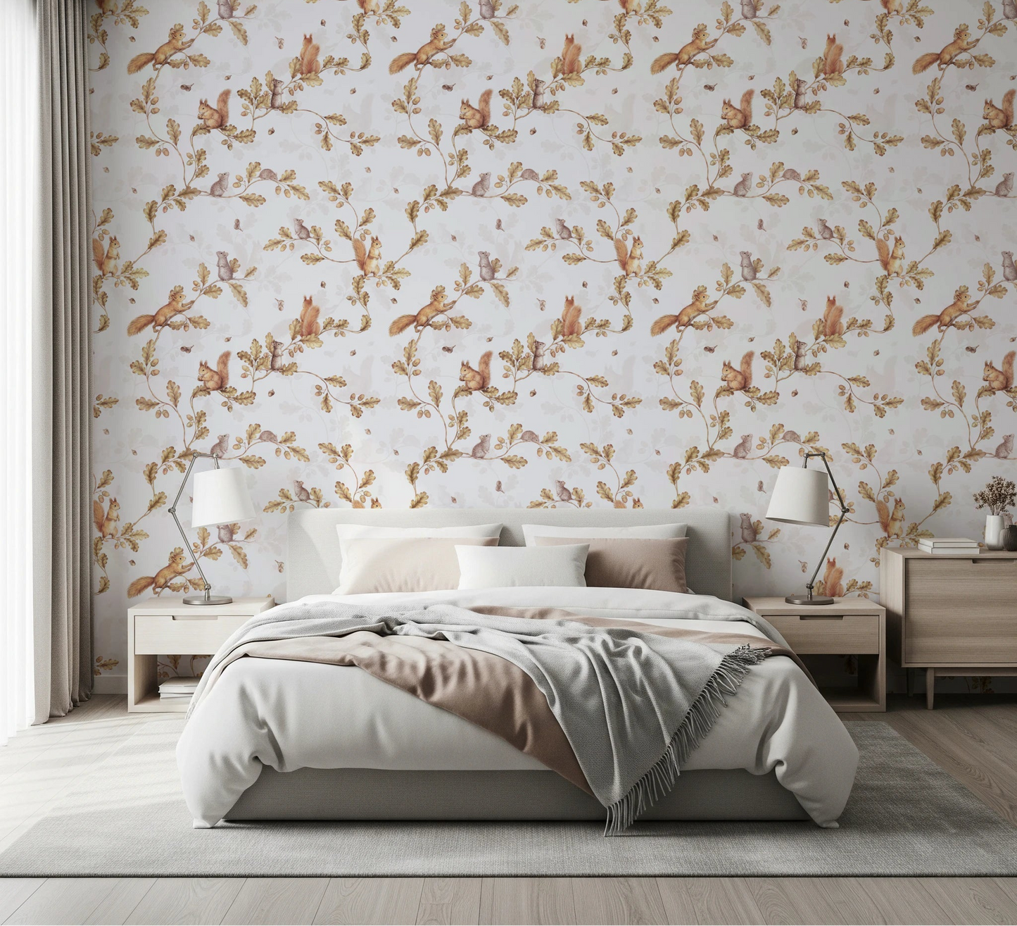 Soft bedroom with off white squirrel and mice branch wallpaper