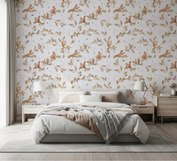 Soft bedroom with off white squirrel and mice branch wallpaper