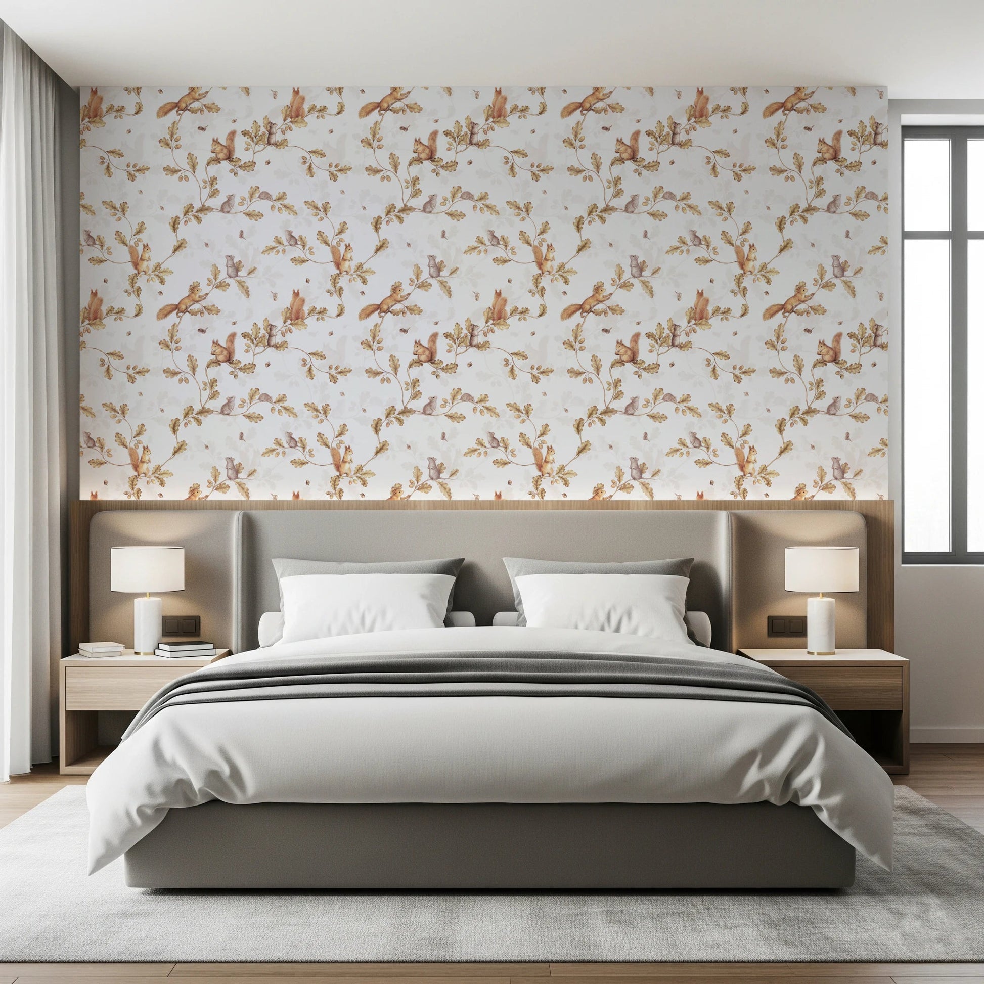 Bedroom with off white chinoiserie squirrel and mice wallpaper