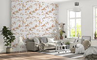Living room with off white rococo squirrel and oak branches wallpaper